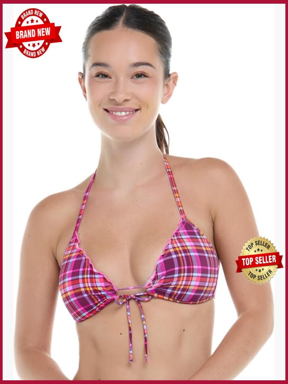 Molded Cup Triangle Push Up Bikini Top Plaid Recycled